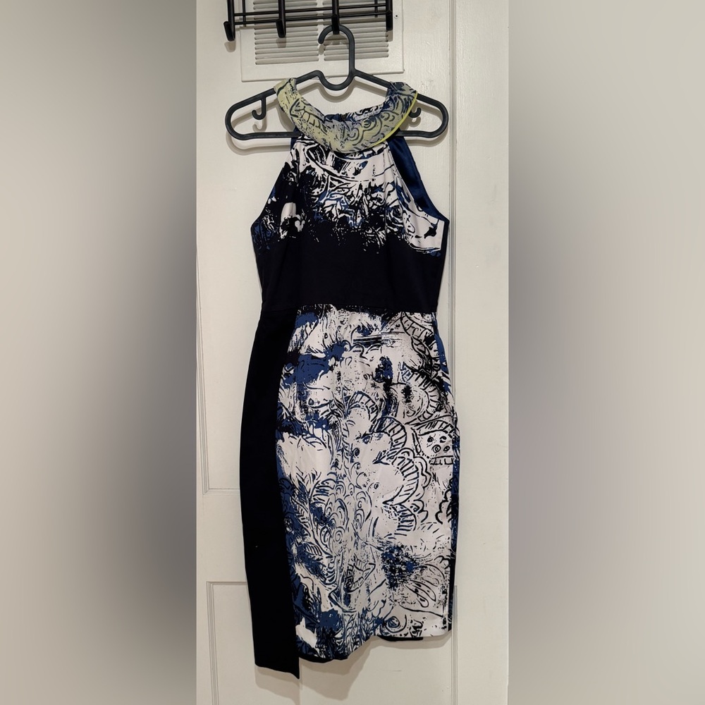 T Tahari Navy and White Floral-Print Midi Sheath Dress